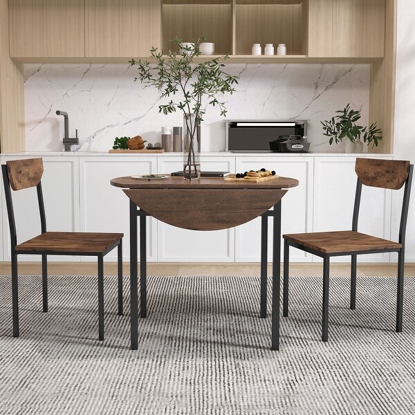 Modern 3 Piece Round Dining Table Set with Drop Leaf and 2 Chairs for Small Places Black Frame Rustic Brown Finish Bed Bath Beyond 41476532